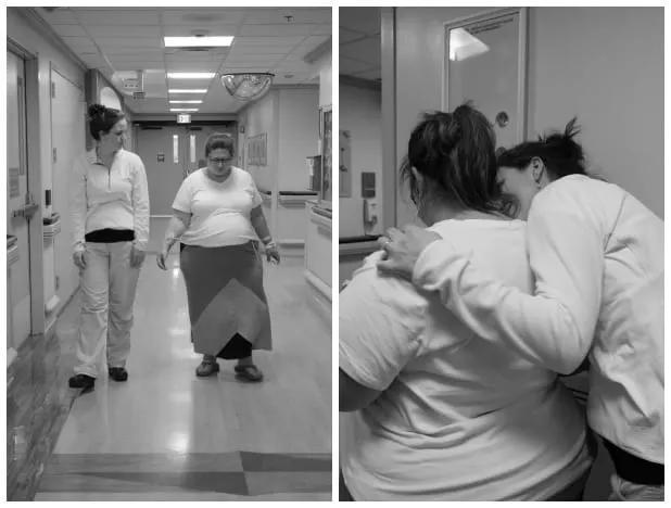 plus size mom and doula walking the halls of a hospital