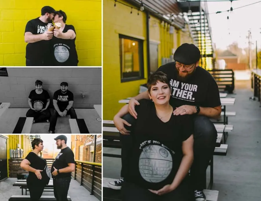 maternity photo shoot with the couple wearing Star Wars t-shirts