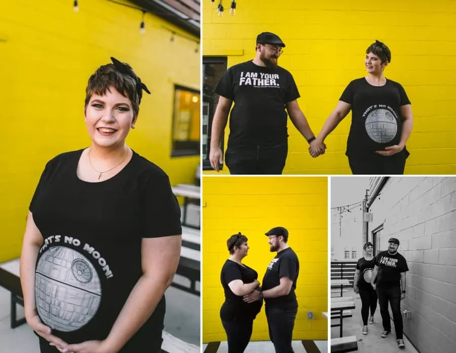 plus size maternity photo shoot with the couple wearing Star Wars t-shirts