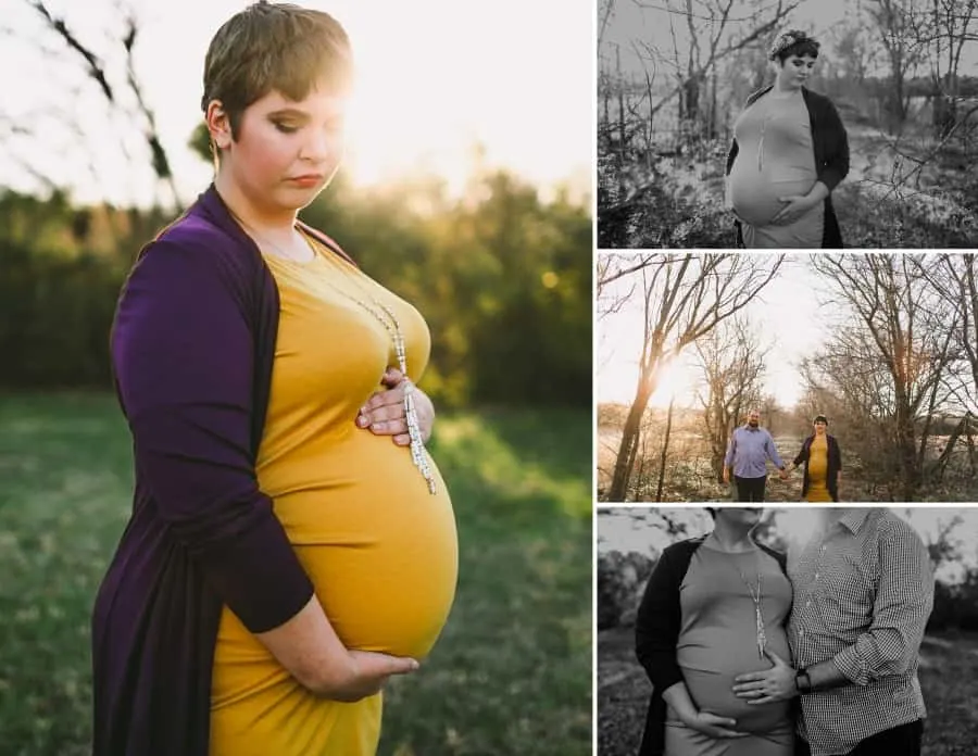 plus size maternity photo shoot outside with plus size woman in yellow fitted dress