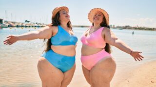 plus size twins on the beach with big thighs