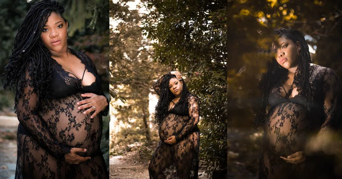 plus size pregnant woman wearing a black lace dress 