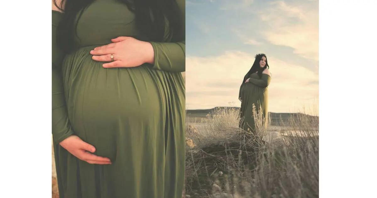 plus size pregnant woman in a long green dress 