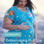 plus size pregnant woman wearing a blue maternity dress