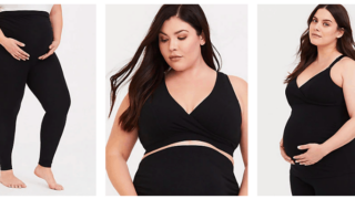 Torrid Maternity Plus Size maternity images of a woman wearing black plus size maternity clothes