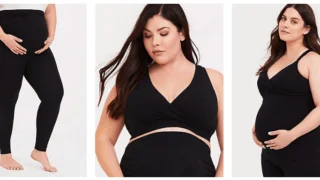 Torrid Maternity Plus Size maternity images of a woman wearing black plus size maternity clothes
