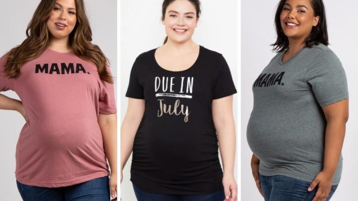 Plus Size Maternity Graphic Tee Options on three pregnant women