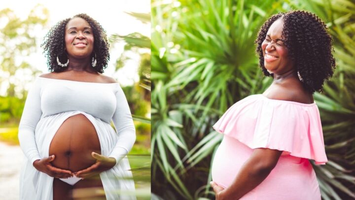 plus size woman wearing a white and pink plus size maternity dress for photoshoot