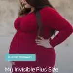 plus size pregnant woman wearing a red plus size maternity dress
