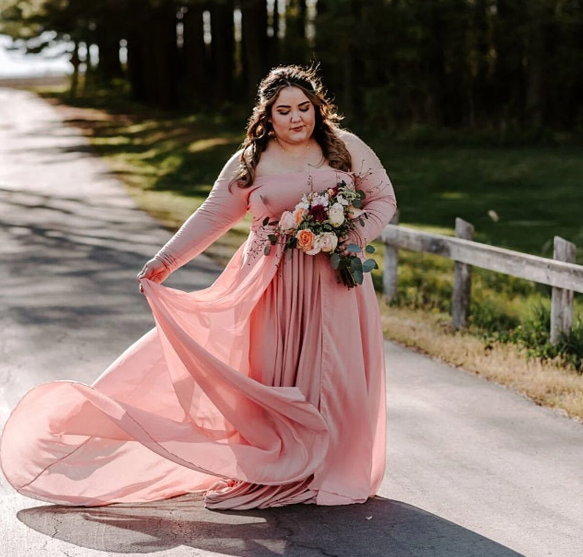 Pink Long-Sleeve V Neck Plus Size Maternity Gown