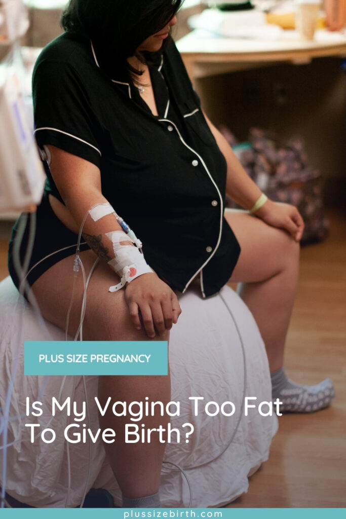 plus size woman in labor sitting on a birth ball in a hospital 