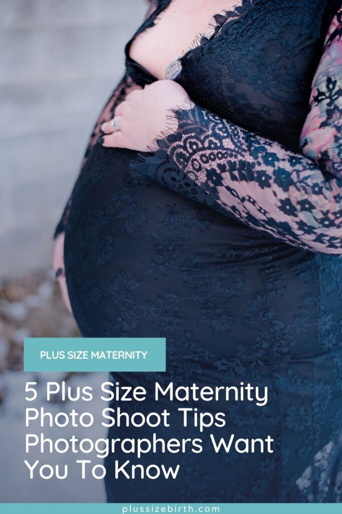 plus size pregnant woman wearing black lace plus size maternity dress holding belly