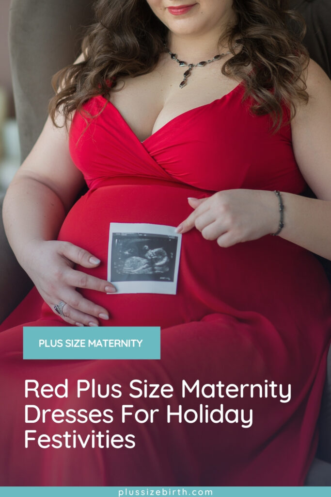 plus size woman wearing a red plus size maternity dress