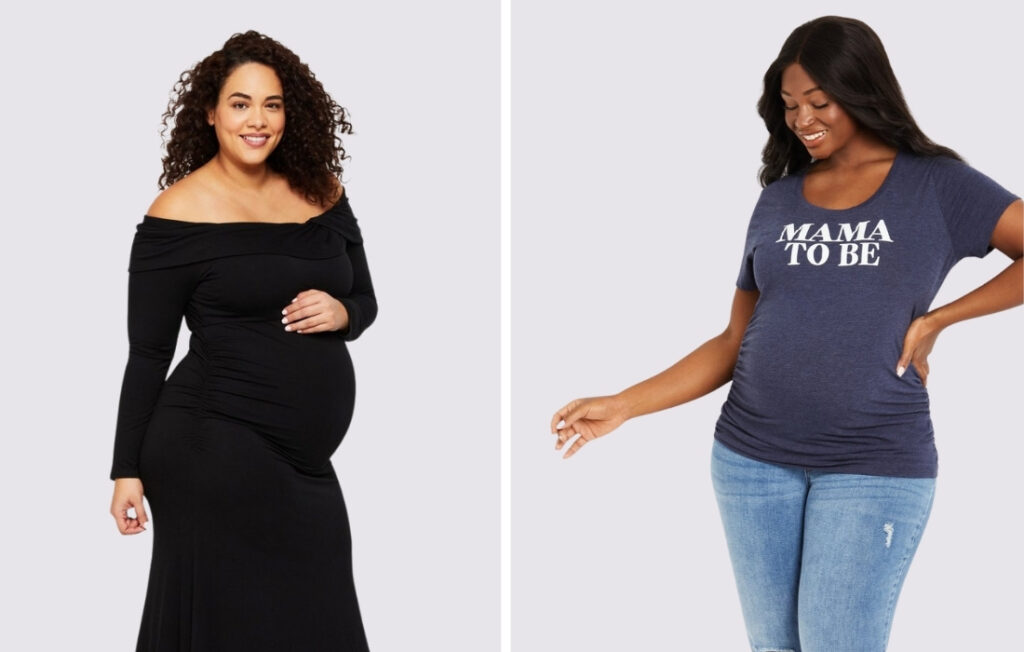 two plus size women wearing motherhood maternity clothes