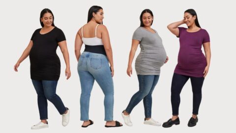 four plus size women wearing torrid maternity jeans