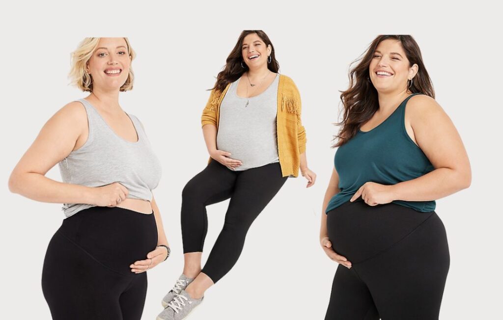 Three women wearing Plus Size Maternity leggings