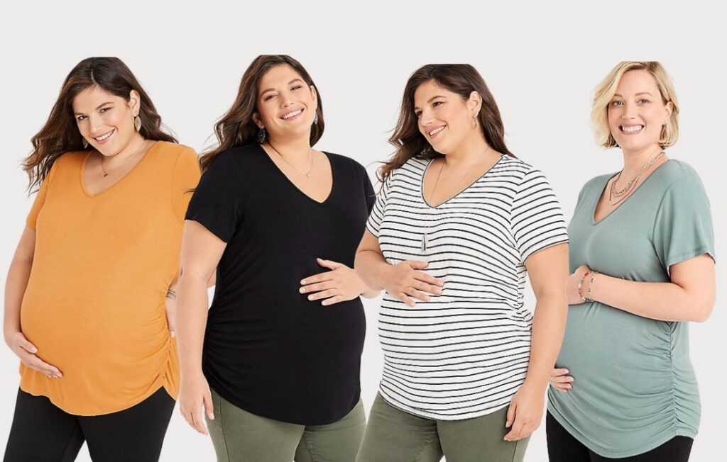 four women wearing different maternity v neck tees