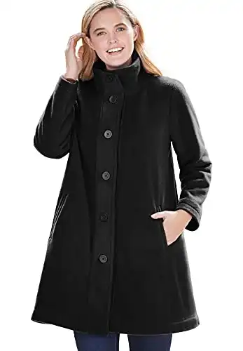 Woman Within Women's Plus Size Fleece Swing Funnel-Neck Jacket,Black,Medium
