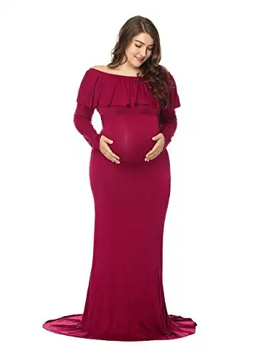 JustVH Maternity Fitted Elegant Gown Long Sleeve Off Shoulder Ruffles Maxi