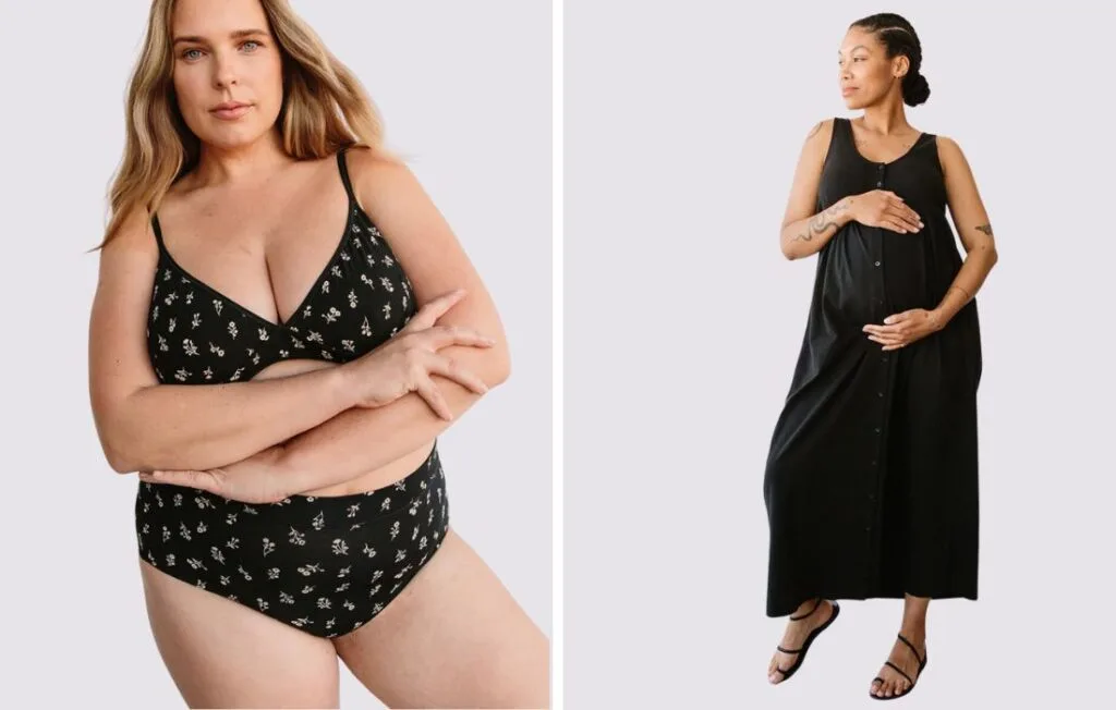 STORQ plus size maternity clothes worn by two women who are plus size and pregnant