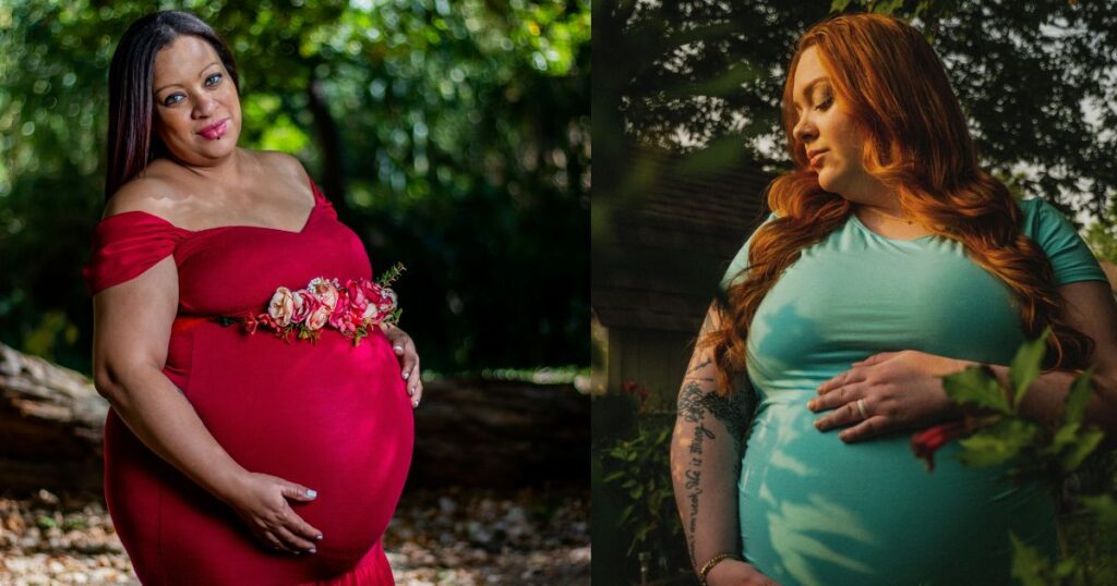 two plus size women pregnant and wearing plus size pregnancy clothes