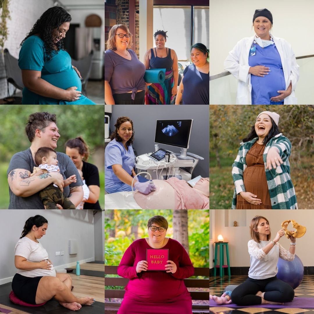 picture collage of plus size pregnant women and plus size bith care providers