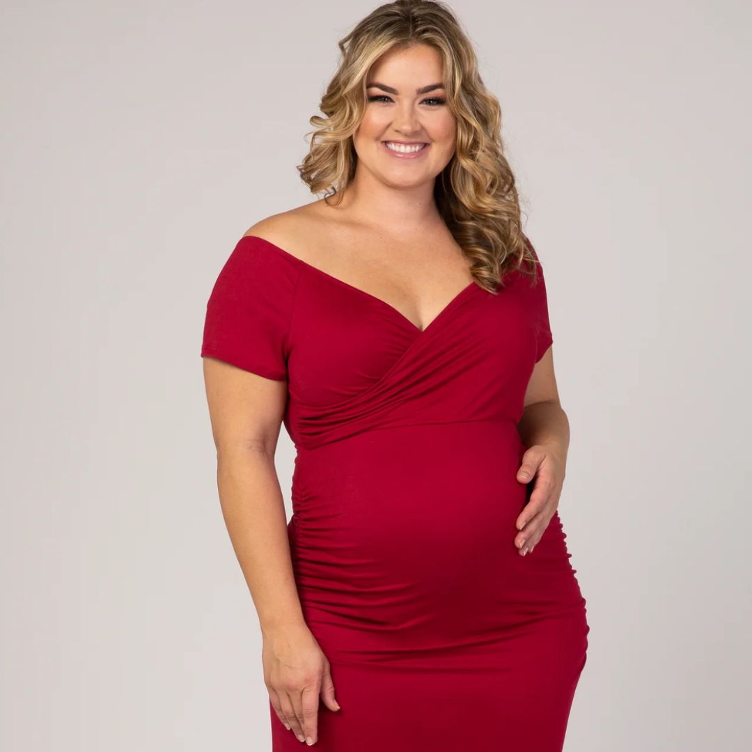 PinkBlush Burgundy Off Shoulder Plus Maternity Gown
