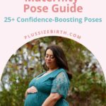 plus size pregnant woman holding her belly wearing a teal lace plus size maternity dress