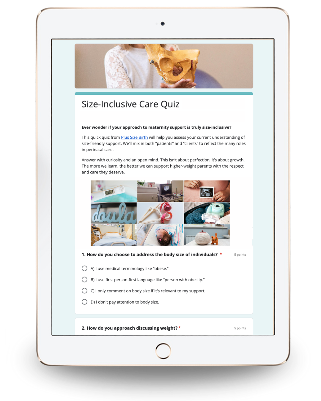 Size-Inclusive maternity care quiz on an tablet